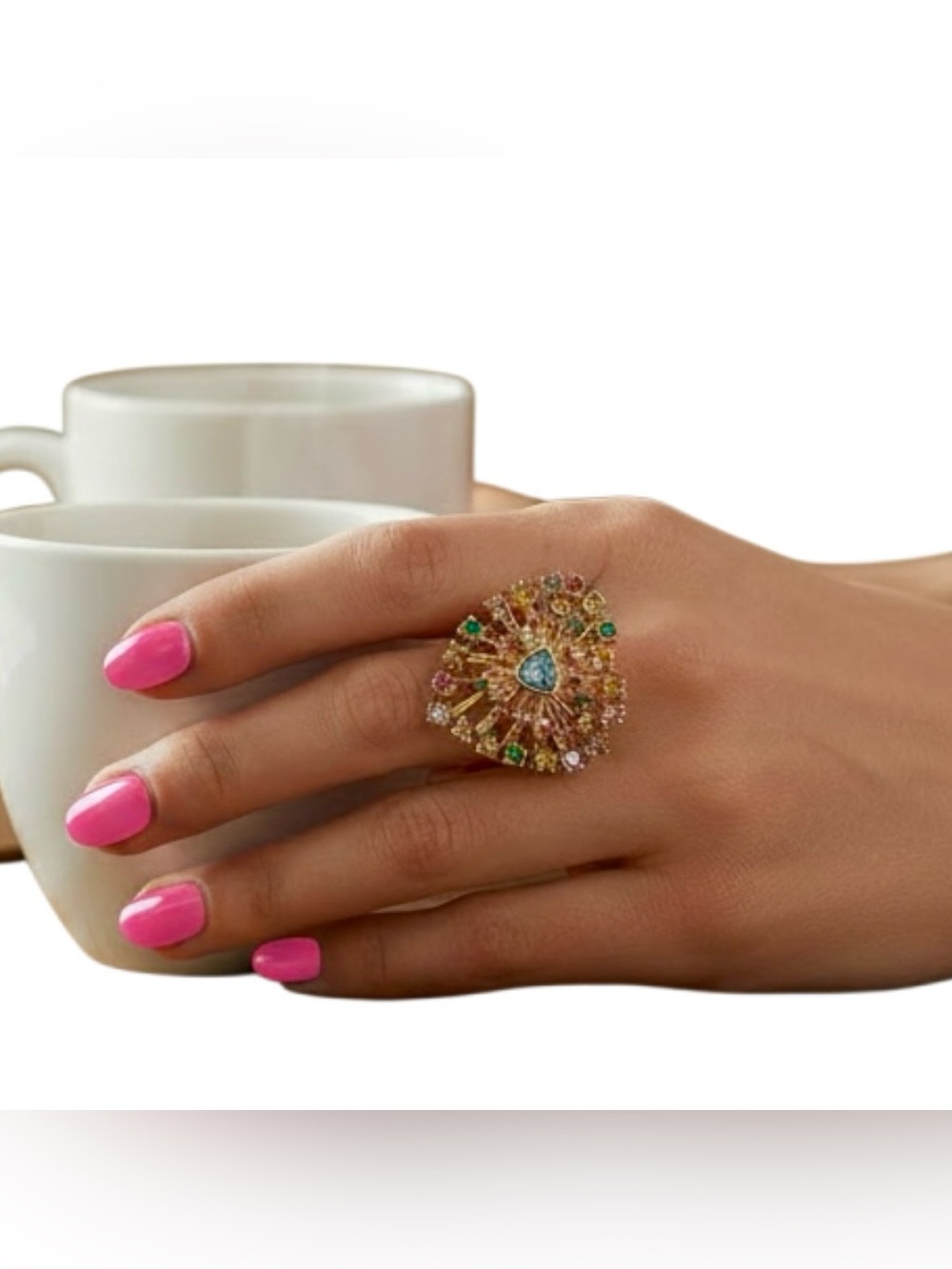 BOUTIQUE Heart Gold Pink Blue Gold Stretch Size 6-8 Statement Ring